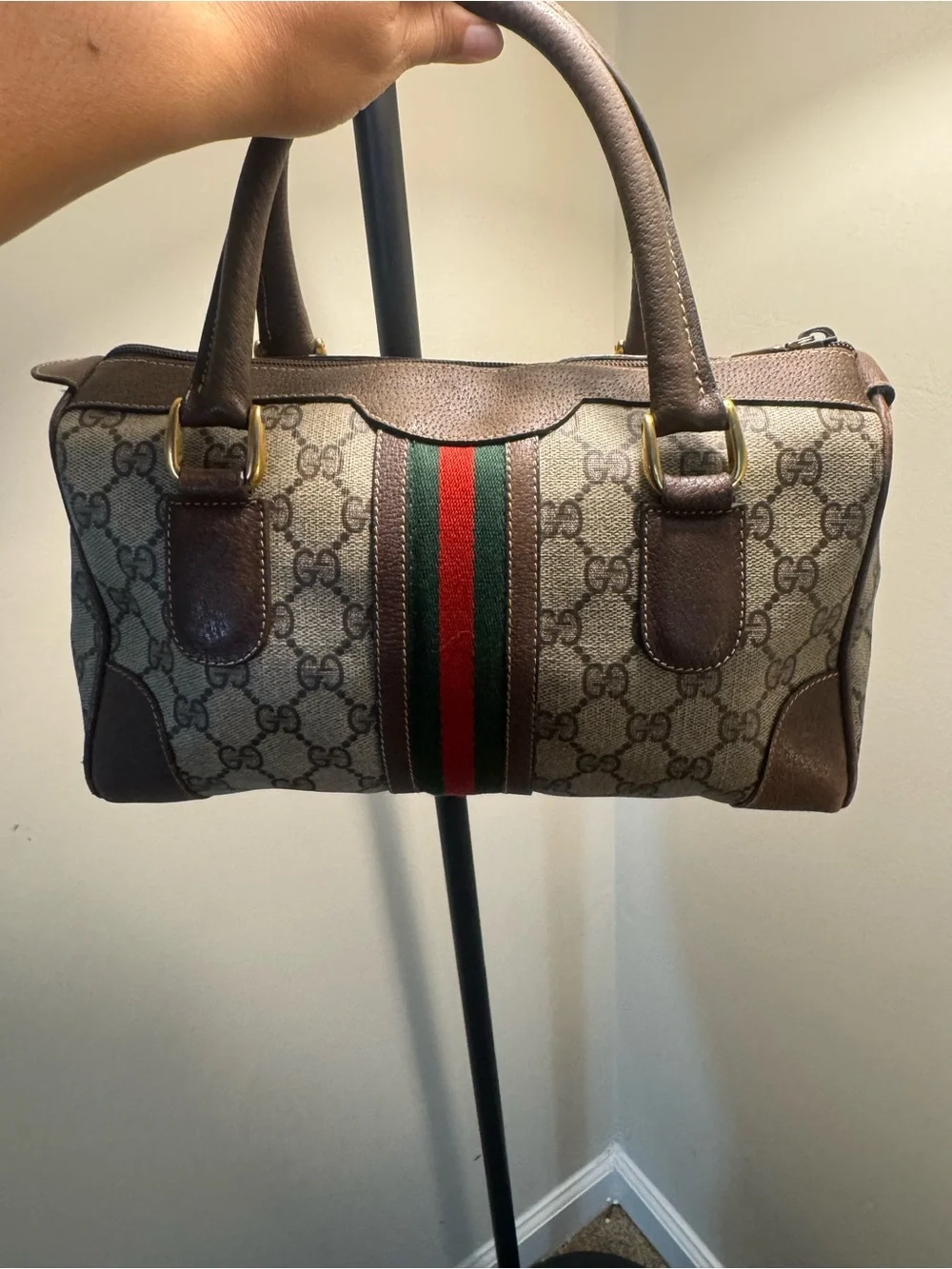 Gucci Brown Monogram Satchel with Green-Red Stripe